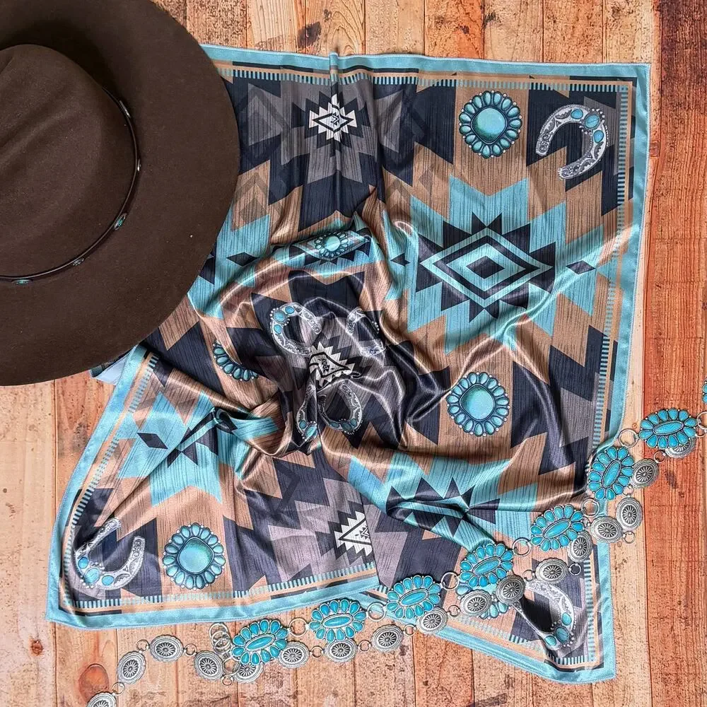 Aztec Print Square Silky Wild Rag | Teal/Mocha